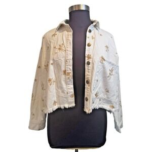 Zara denim jacket jean shirt white‎ metallic floral embroidery medium NWT